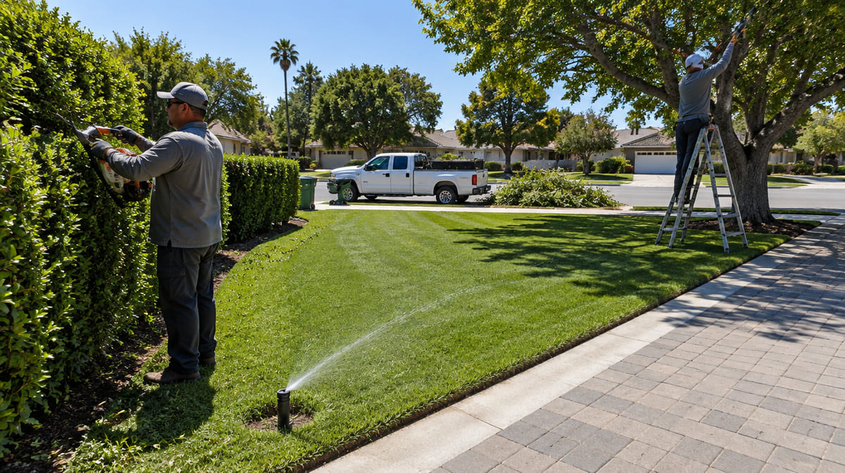 A San Jose property mid-maintenance: hedge being trimmed, a tree pruned from a ladder, a sprinkler running, a freshly striped lawn and cut branches loaded by the truck