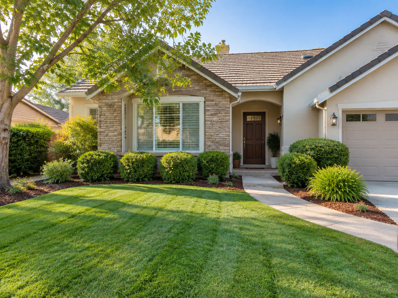 Well-kept suburban front yard with a striped lawn and trimmed shrubs